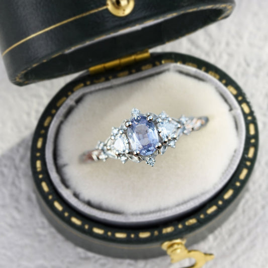 Unique Briar Rose Three Stone Oval Lab Lavender Sapphire Ring