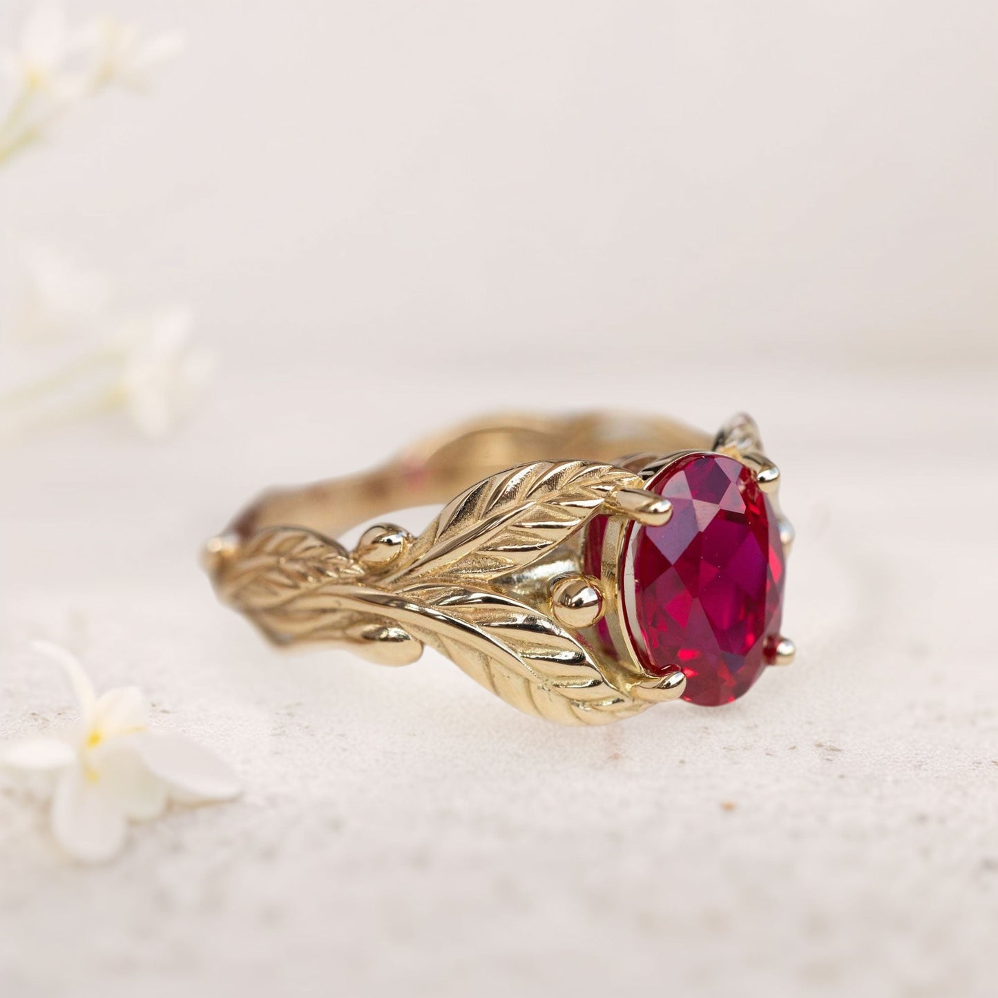 Unique floral engagement rings Oval Lab Ruby with Leaves Engagement Ring