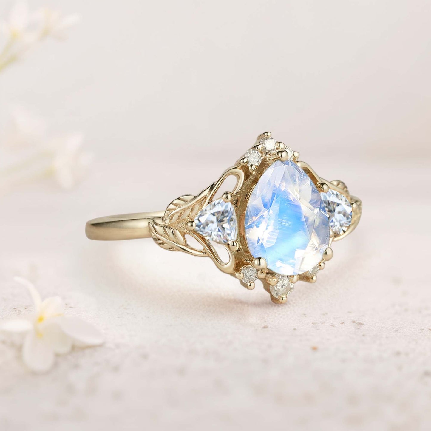 Unique Pear Lab Moonstone and Moissanite side stones Leaf Ring Engagement Ring