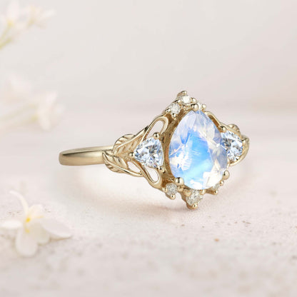 Unique Pear Lab Moonstone and Moissanite side stones Leaf Ring Engagement Ring