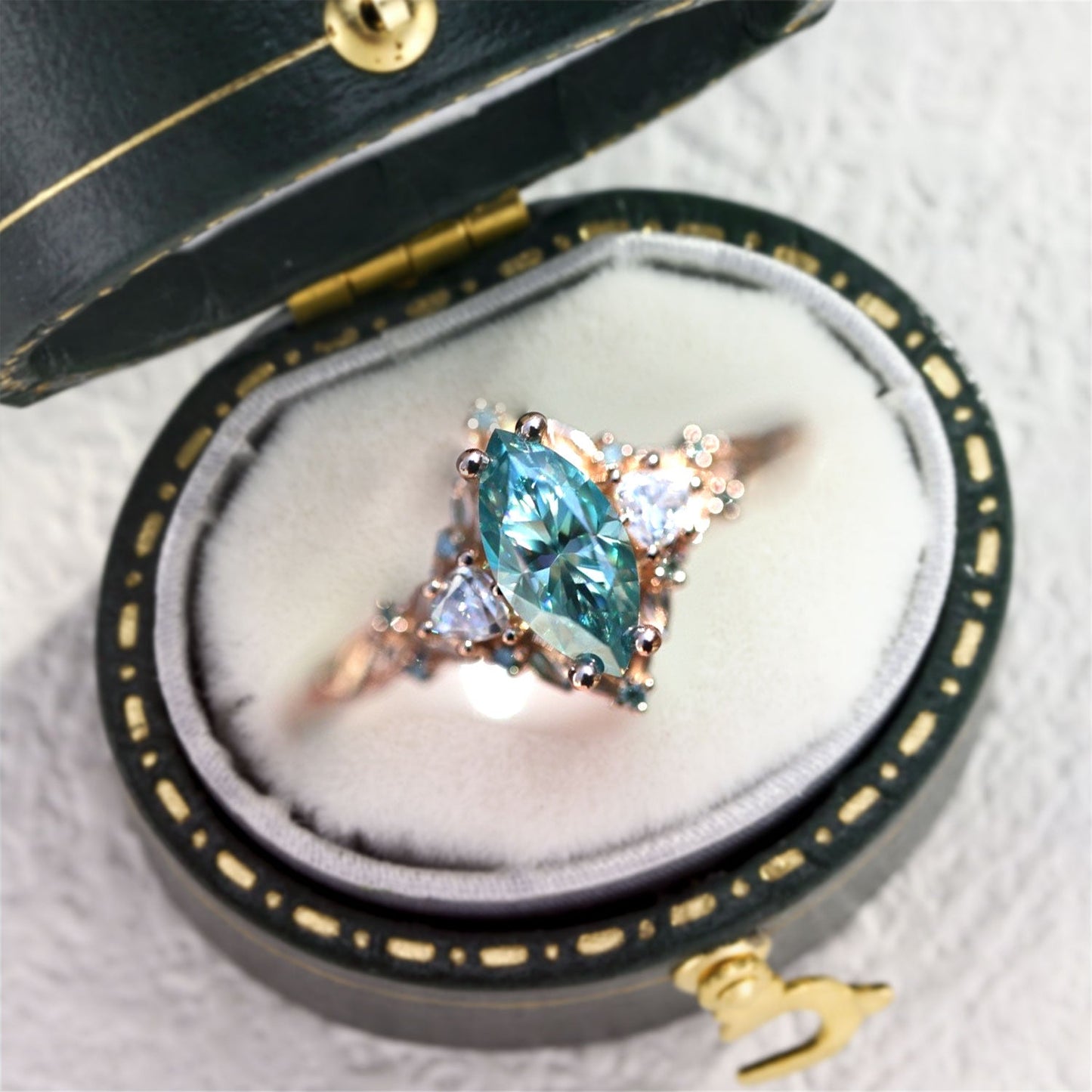 Unique floral engagement rings Marquise Teal Moissanite Ring Wedding Ring