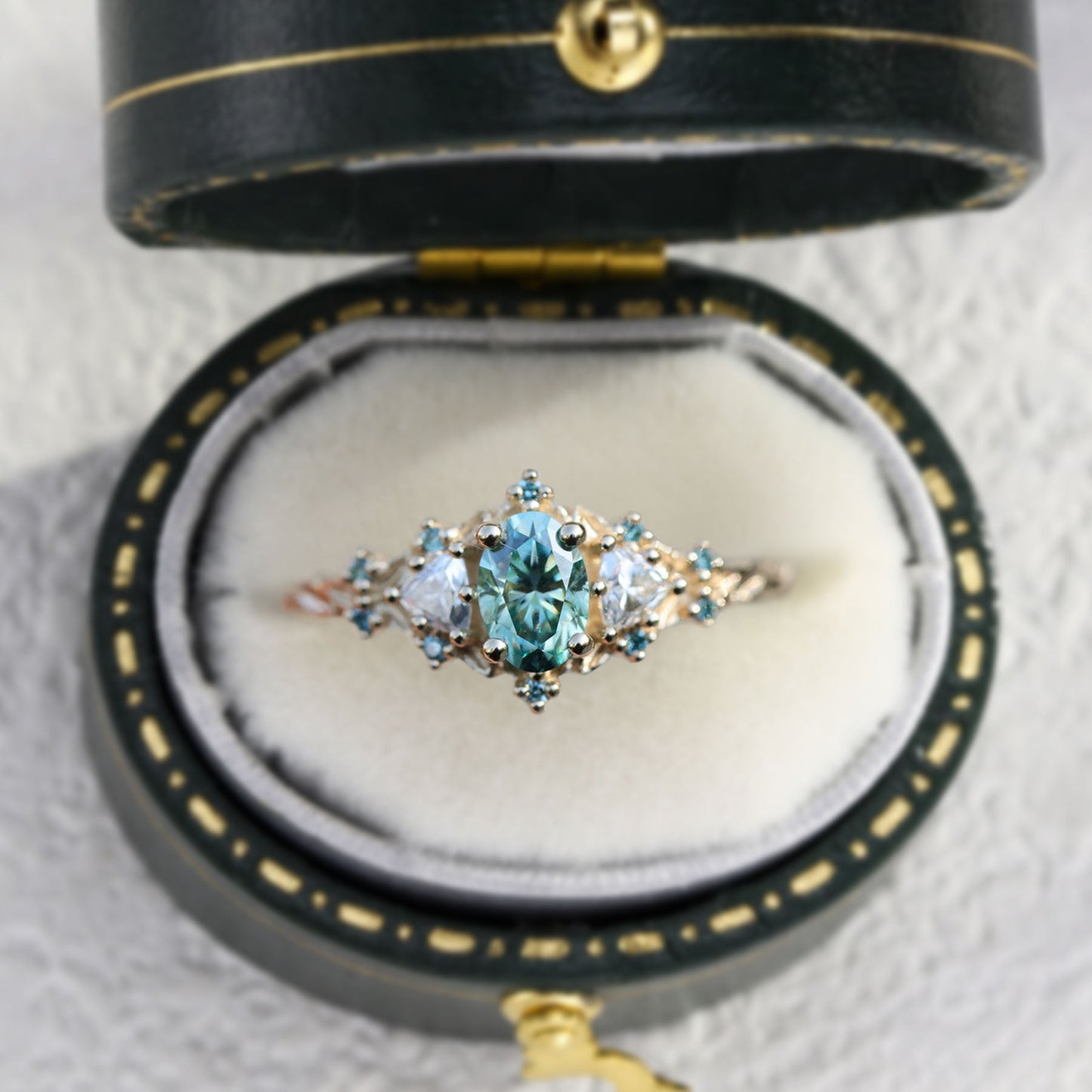 Unique Briar Rose Oval Teal Moissanite Ring