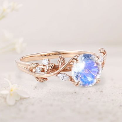 Unique Nature-Inspired Round Lab Moonstone Engagement Ring Bridal Ring