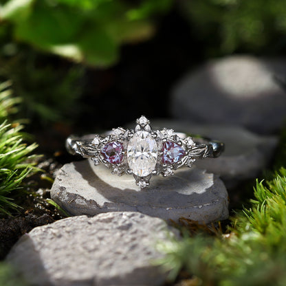 Unique Briar Rose Three Stone Oval Moissanite and Lab Alexandrite Wedding Ring