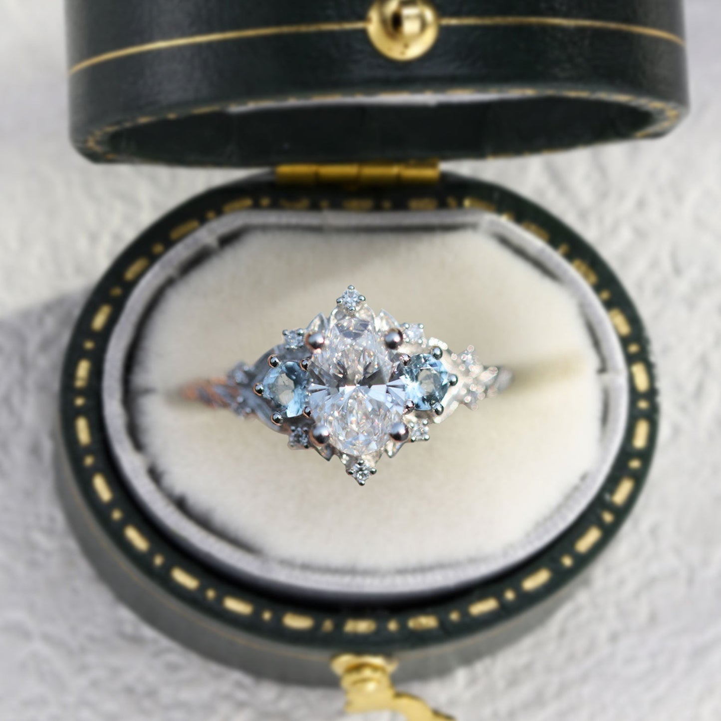 Unique Briar Rose Three Stone Oval Moissanite and Lab Aquamarine Ring