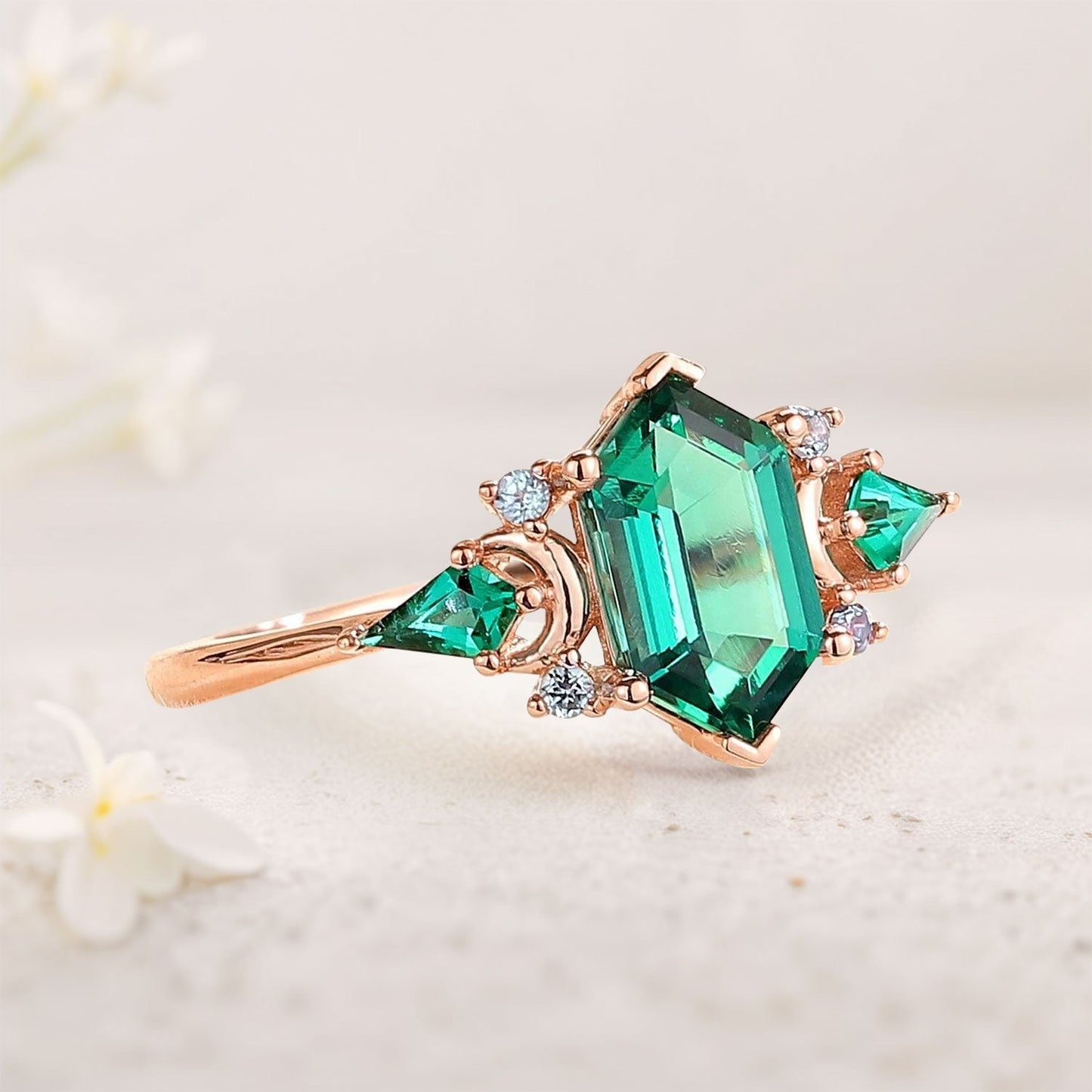Vintage Hexagon Cut Lab Emerald Engagement Ring Unique Kite Cut Moon Design Promise Ring Gift for Women