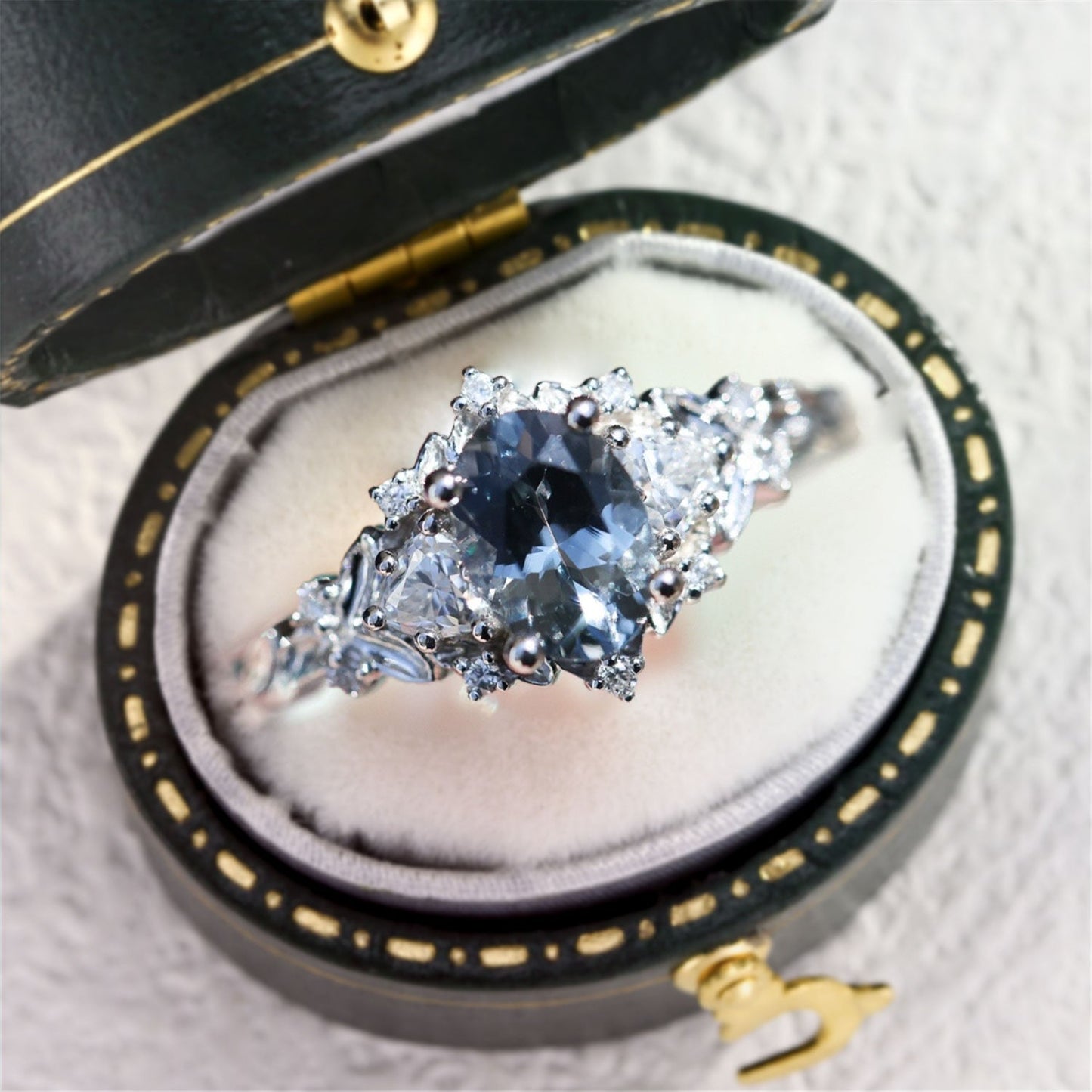 Unique Briar Rose Three Stone Oval grey spinel and Moissanite Ring