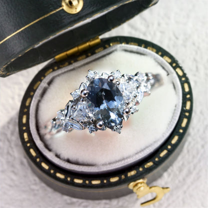 Unique Briar Rose Three Stone Oval grey spinel and Moissanite Ring