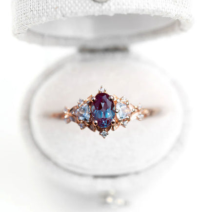 Unique Floral Rose Oval Lab Alexandrite and Moissanite Ring