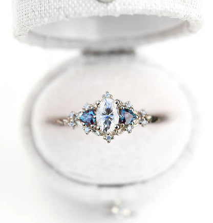 Unique Floral Rose Three Stone Oval Moissanite and Lab Alexandrite Wedding Ring