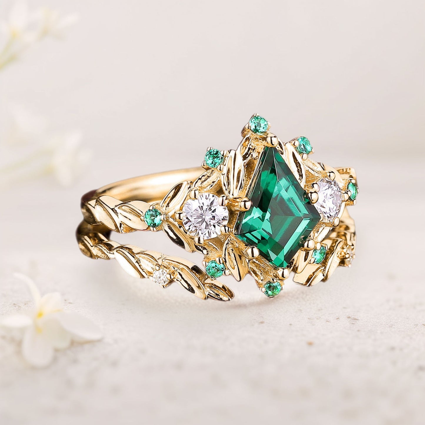 Unique floral engagement rings Kite Lab  Emerald Engagement ring set leaf Emerald Wedding ring set