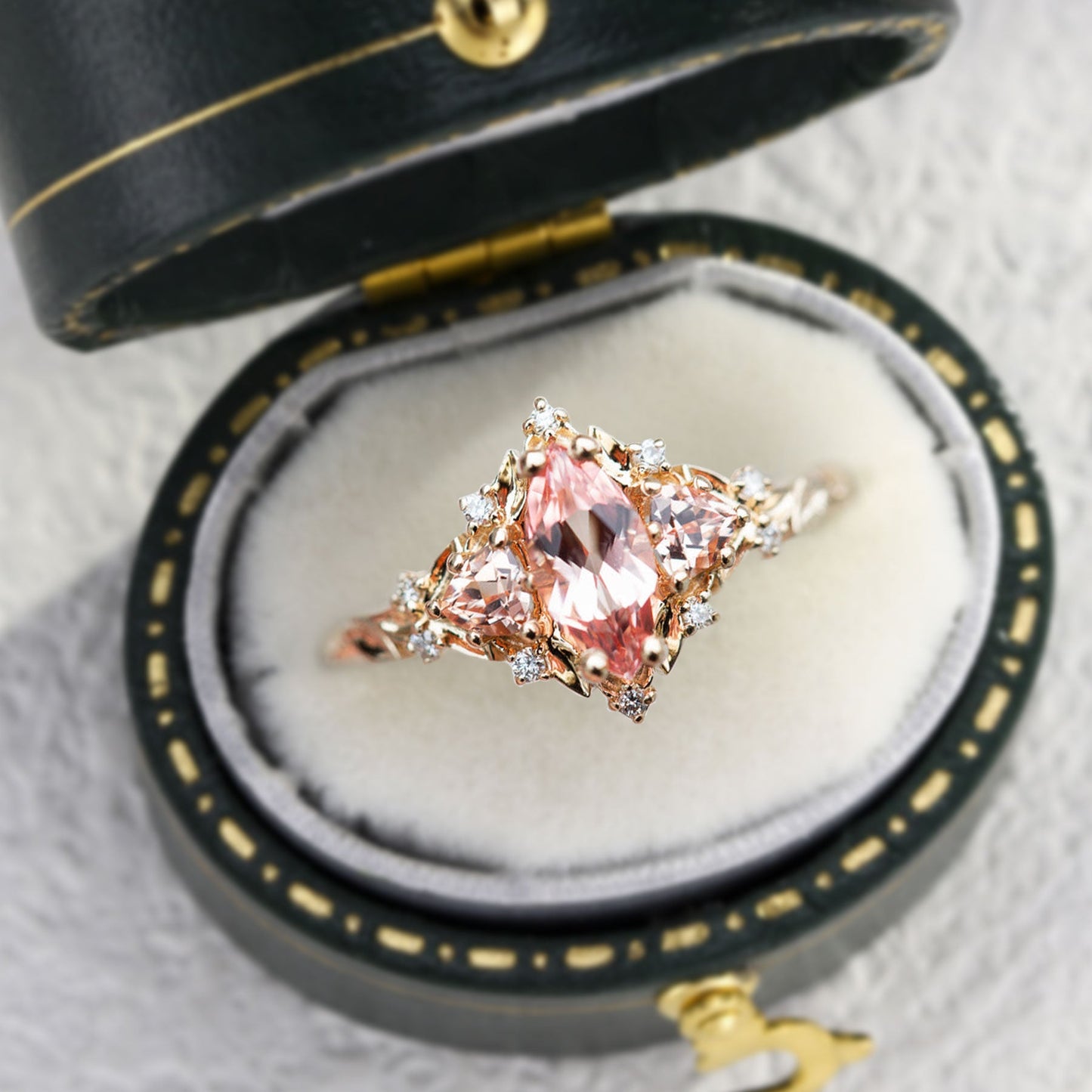 Unique Briar Rose Three Stone Marquise Lab Padparadscha Ring