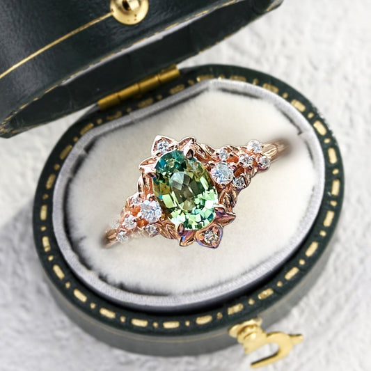 Vintage Arwen Spring Green Lab Sapphire and Moissanite Ring