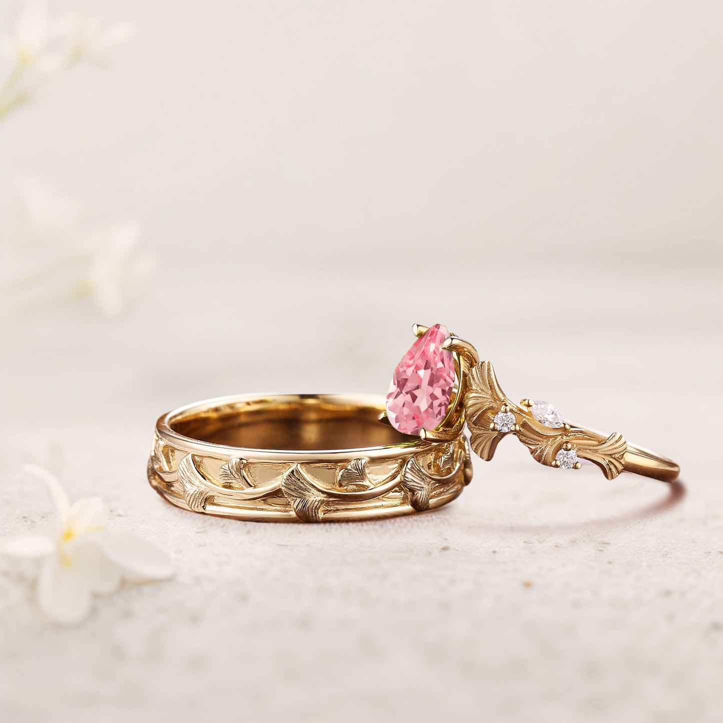 Vintage Pear Lab Padparadscha Engagement Couples Ring Set For Wedding Gift