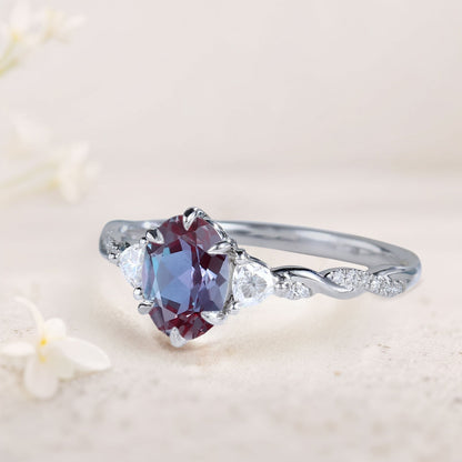 Unique Three Stone Oval Lab Alexandrite Ring  Engagement Ring