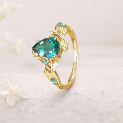 Unique floral engagement rings Everly Nature Inspired Pear Lab Emerald  Leaf Engagement Ring