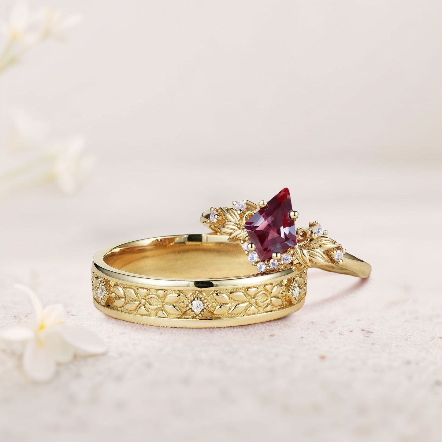 Vintage Kite Lab Alexandrite Promise Ring Engagement Ring Set for Couples