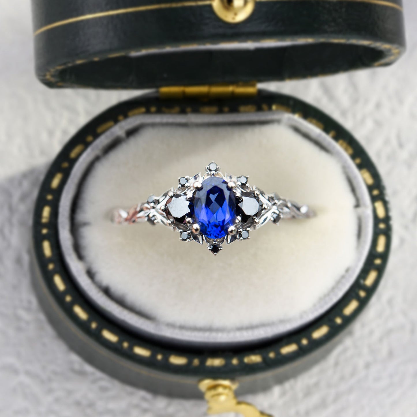 Unique Briar Rose Three Stone Oval Lab Blue Sapphire and Black Moissanite Ring