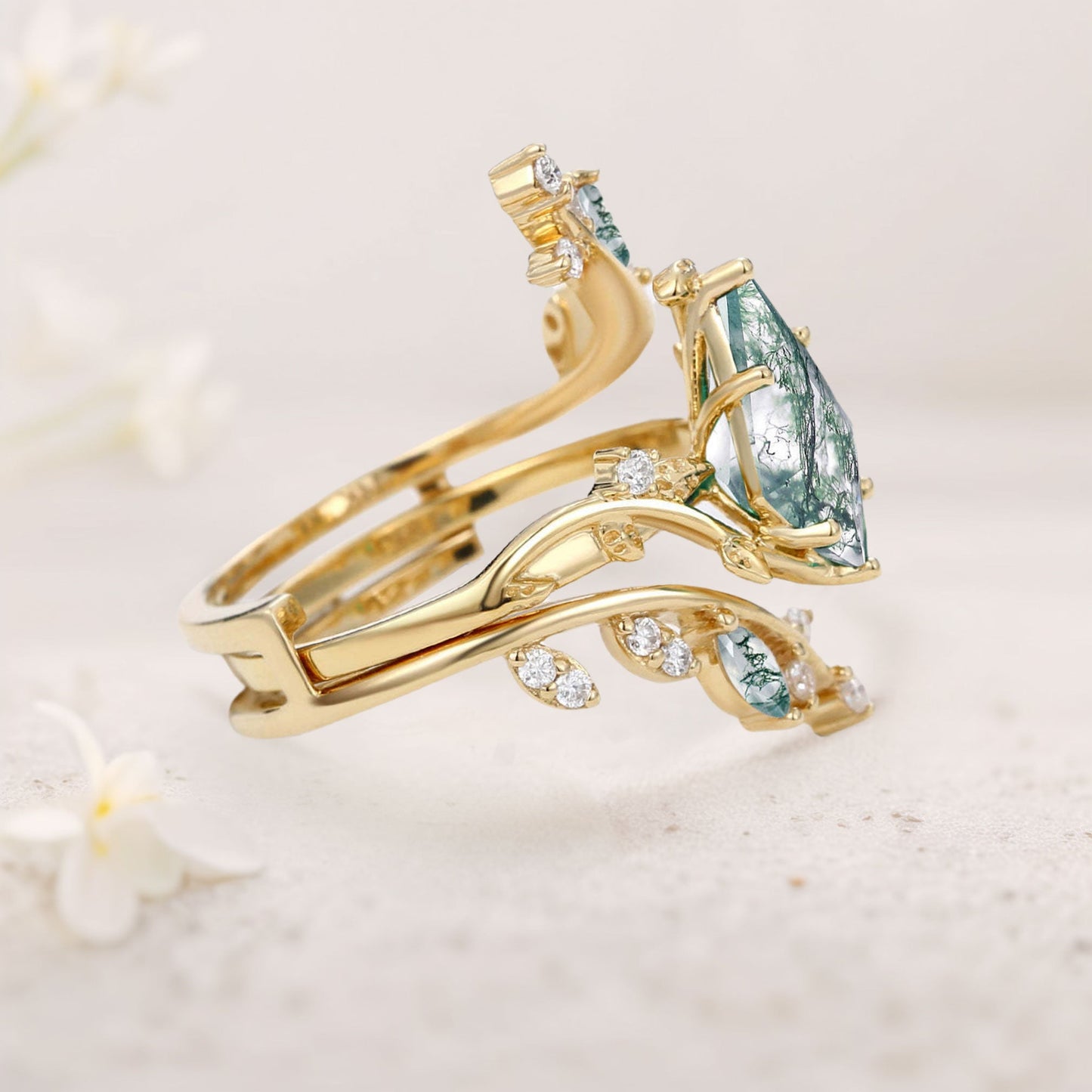 Unique floral engagement rings Kite Moss Agate Cage Leafy Engagement Ring Set