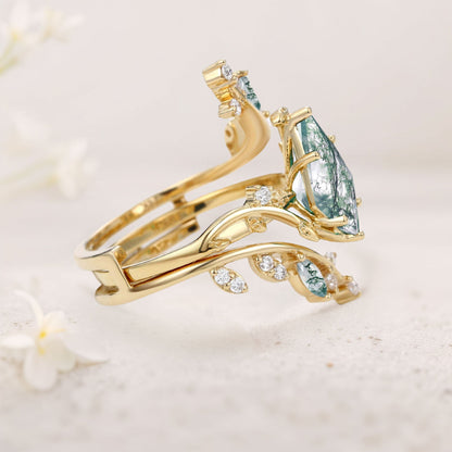 Unique floral engagement rings Kite Moss Agate Cage Leafy Engagement Ring Set