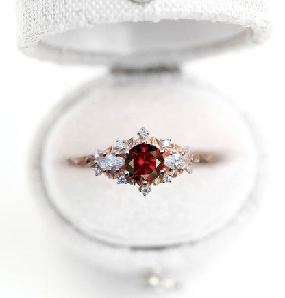 Unique Celeste Rose Three Stone Round Garnet Engagement Ring