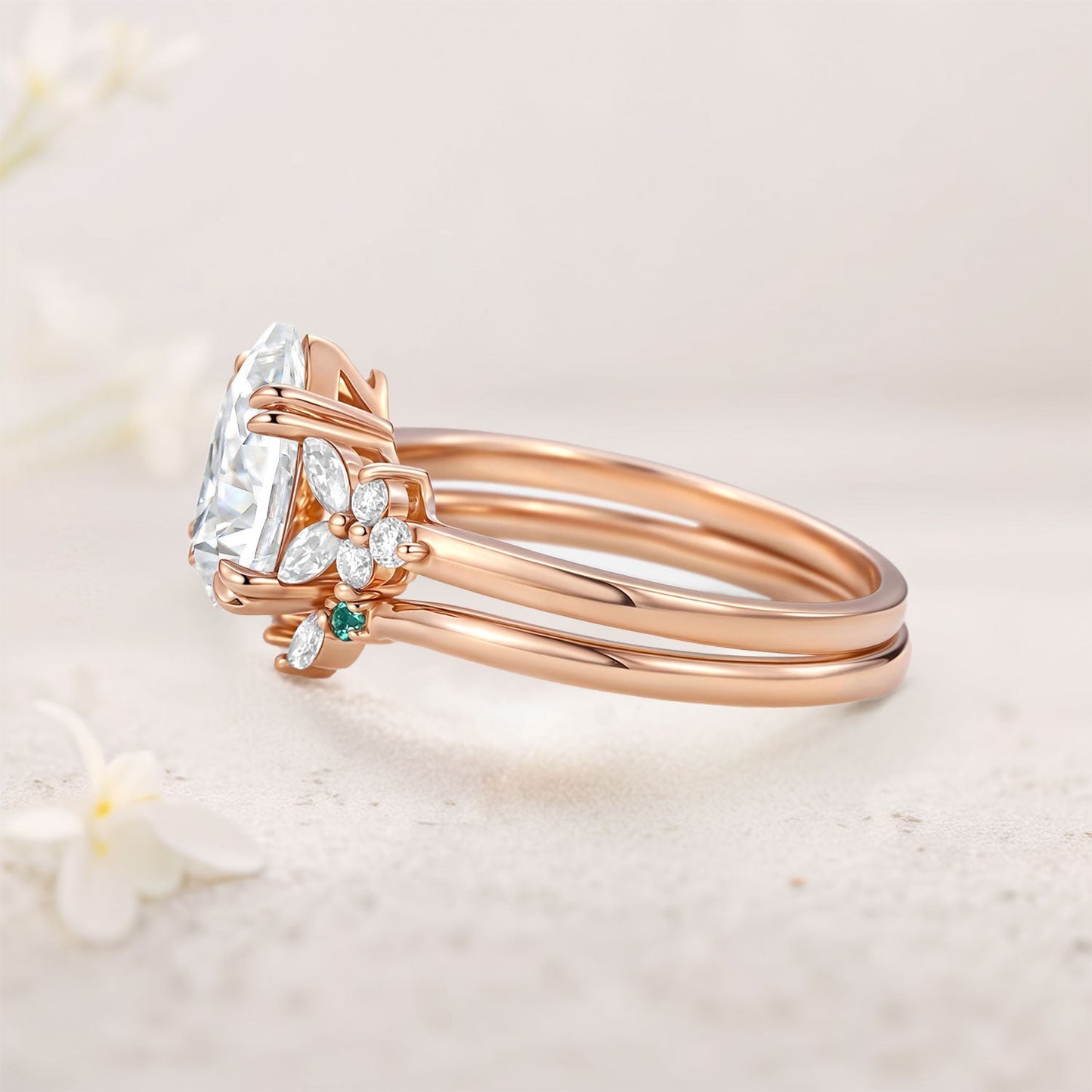 Unique Cluster Pear Moissanite Chevron Ring Set