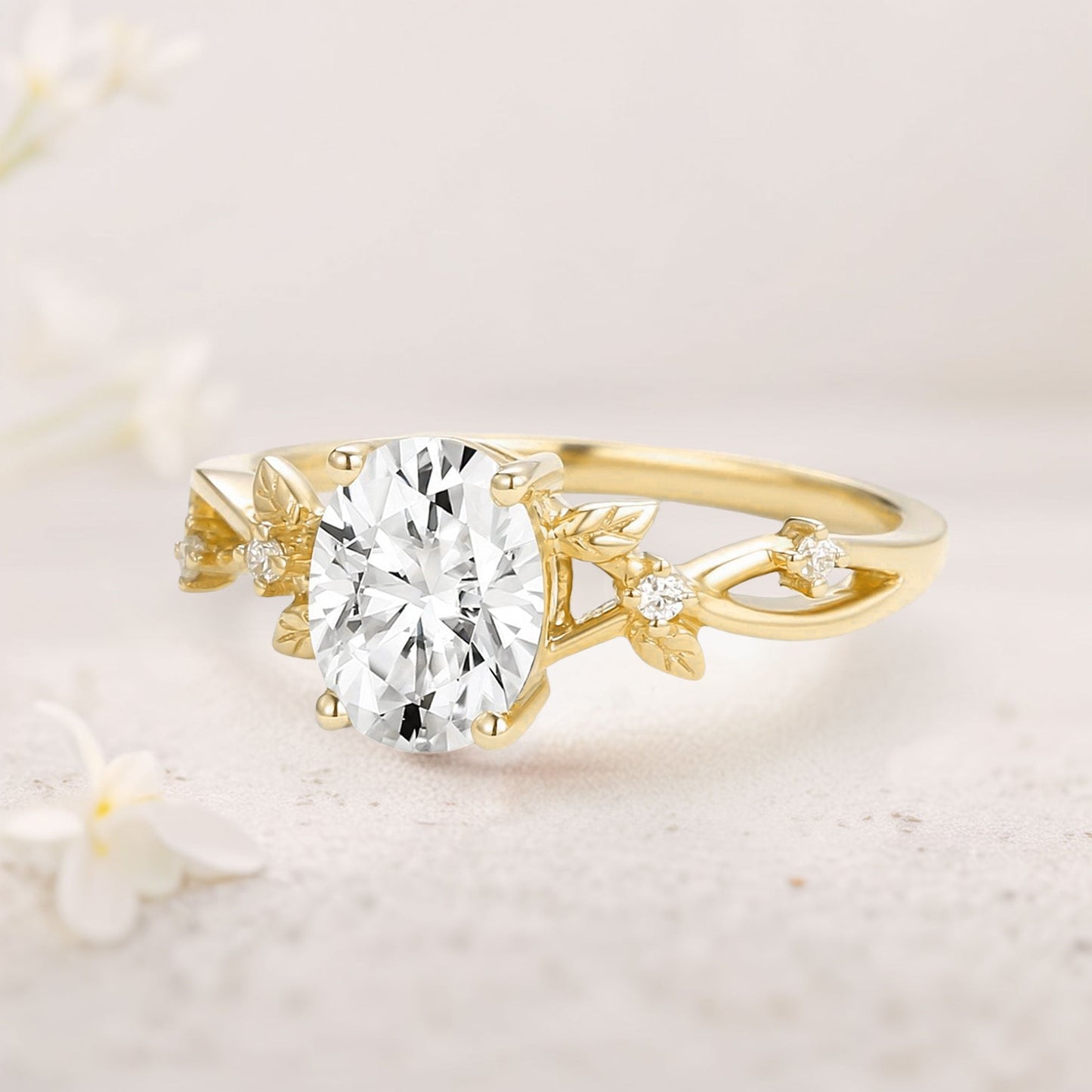 Unique floral engagement rings Oval Moissanite Leafy Engagement Ring