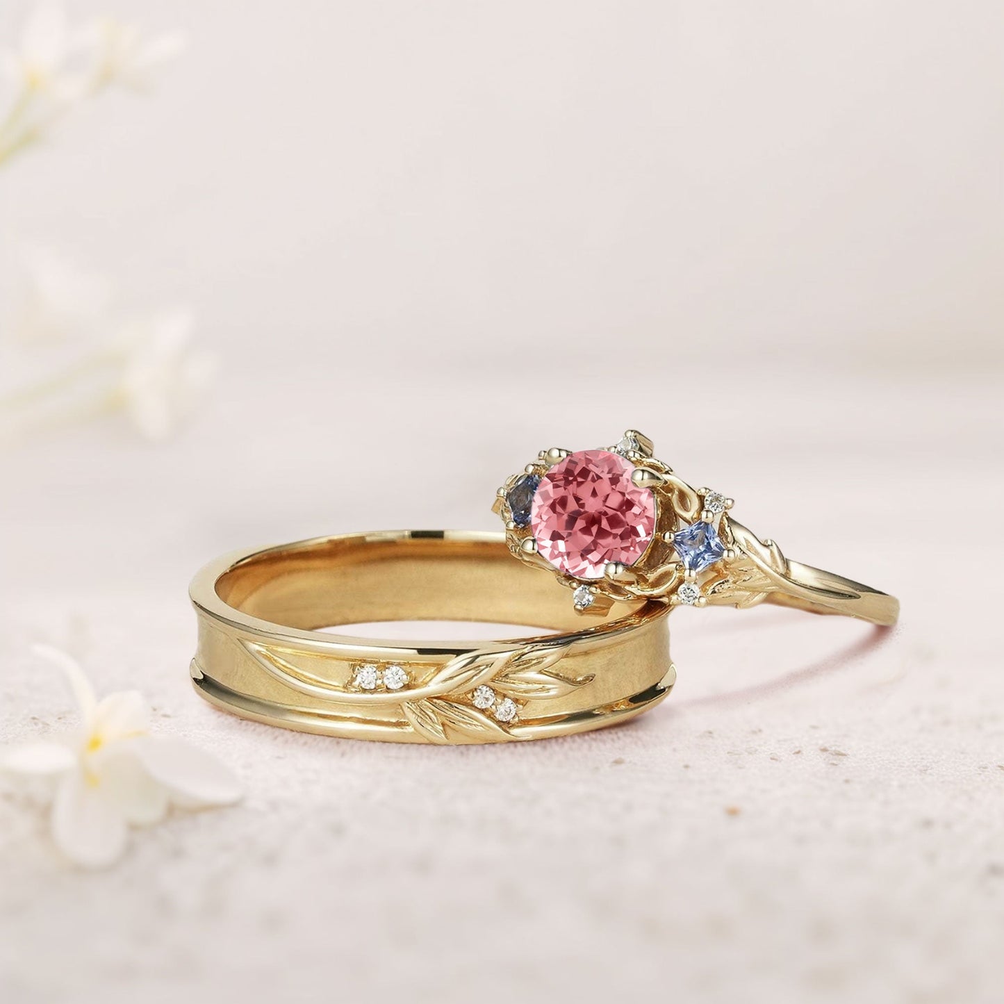 Unique Round Lab Padparadscha Promise Ring Engagement Ring Set for Couples