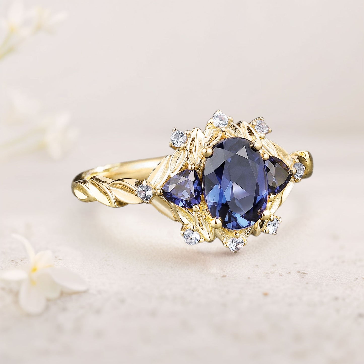 Unique floral engagement rings Oval Blue Lab Sapphire Cluster Wedding Ring Fairy Engagement Ring
