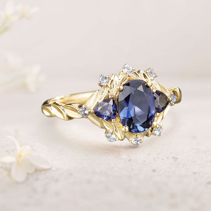 Unique floral engagement rings Oval Blue Lab Sapphire Cluster Wedding Ring Fairy Engagement Ring