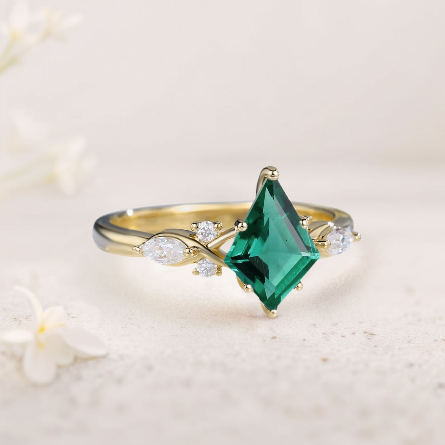 Unique Kite Lab Emerald Engagement Ring Art Deco Promise Ring
