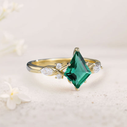 Unique Kite Lab Emerald Engagement Ring Art Deco Promise Ring
