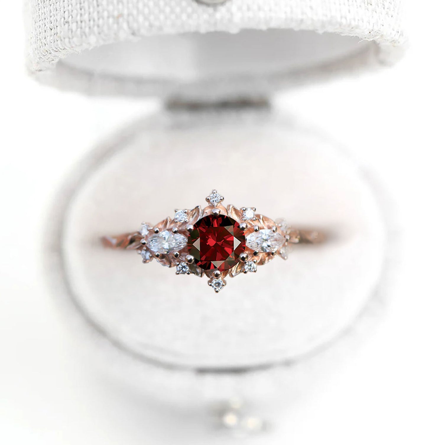 Unique Briar Rose Three Stone Round Garnet Engagement Ring