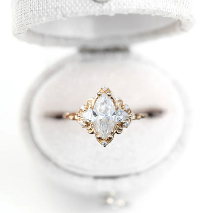 Unique Aurora Three Stone Marquise Moissanite Ring