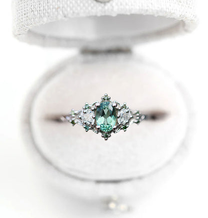 Unique Floral Rose Three Stone Oval Light Green Sapphire Ring