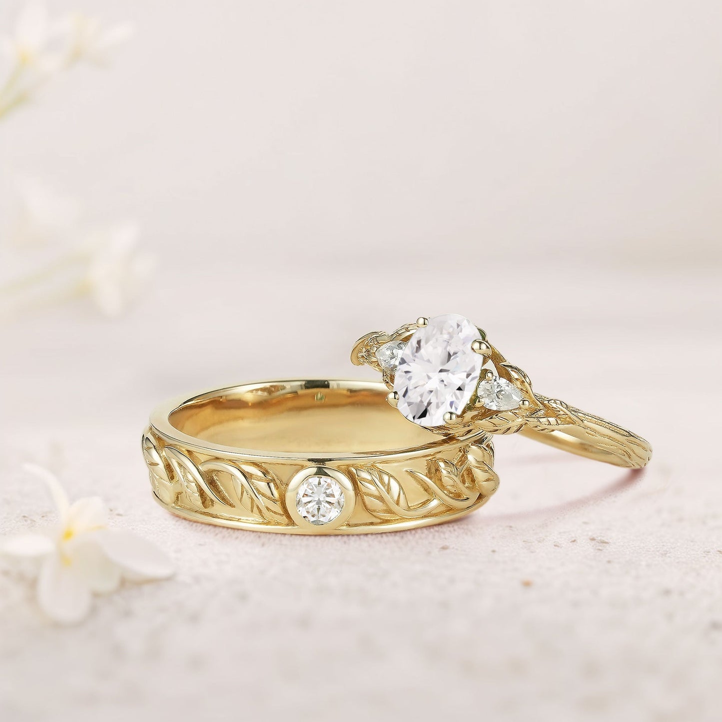 Unique Leaf Design Oval Moissanite Wedding Ring Promise Ring for Couples