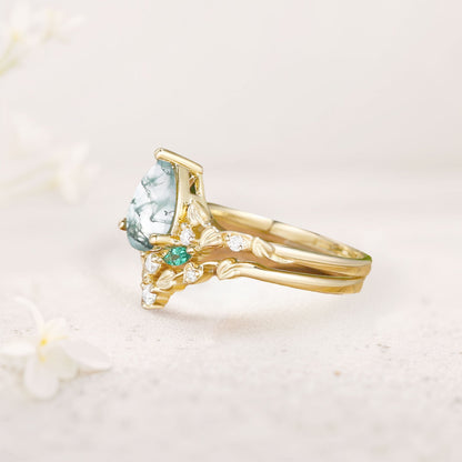 Unique floral engagement rings Leaf Pear Moss Agate Engagement Ring Set