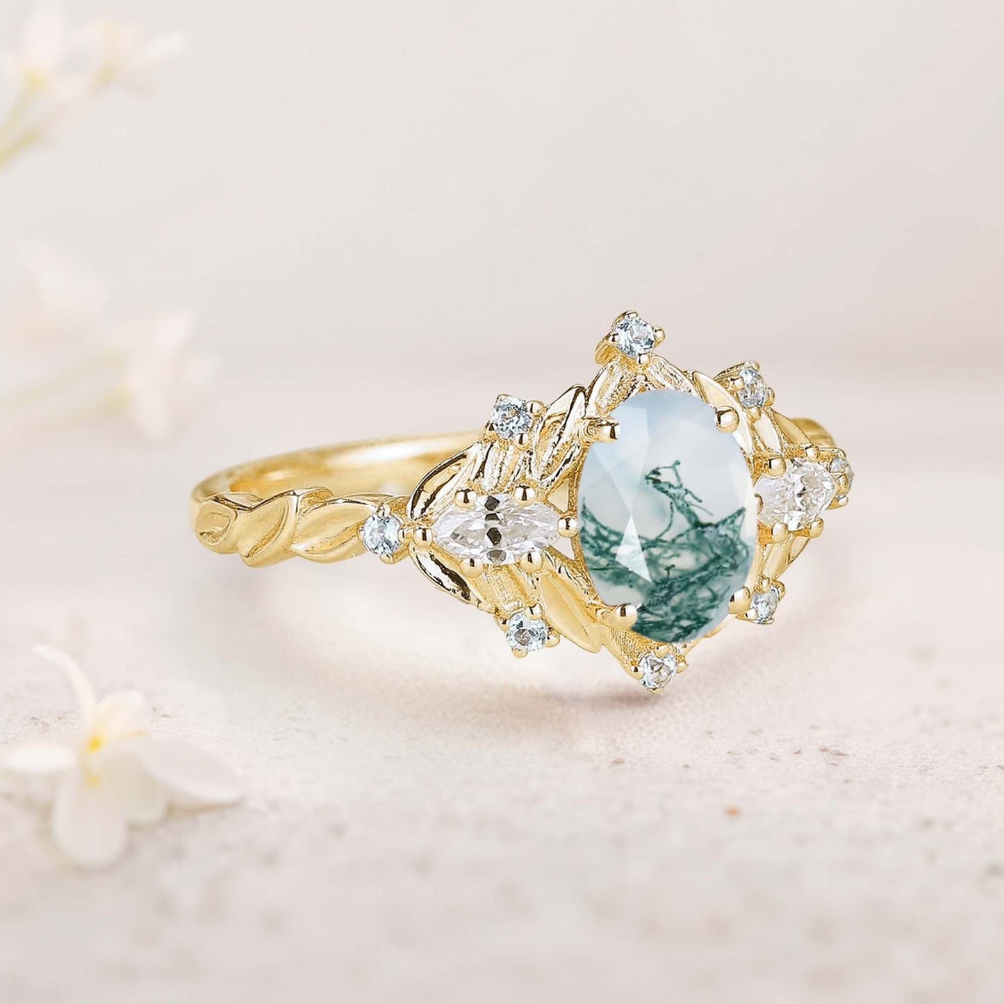 Unique floral engagement rings Oval Moss Agate Fairy Engagement Ring Art Deco Blue Topaz Cluster Wedding Ring