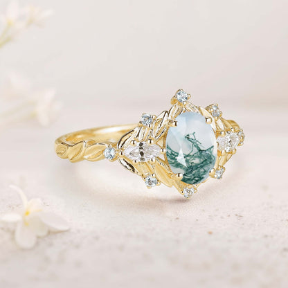 Unique floral engagement rings Oval Moss Agate Fairy Engagement Ring Art Deco Blue Topaz Cluster Wedding Ring