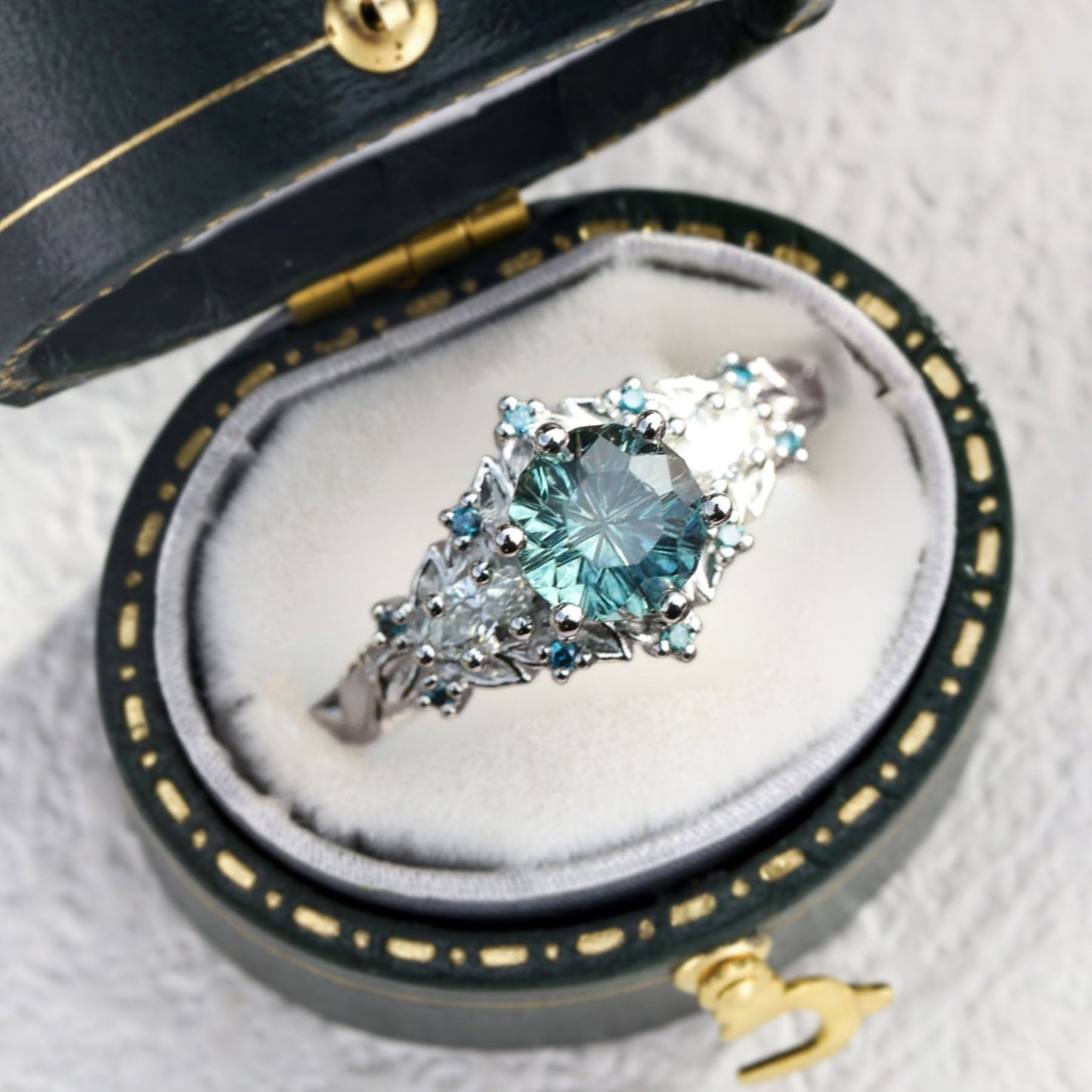 Unique Briar Rose Starbrite Cut Round Green Lab Sapphire Engagement Ring