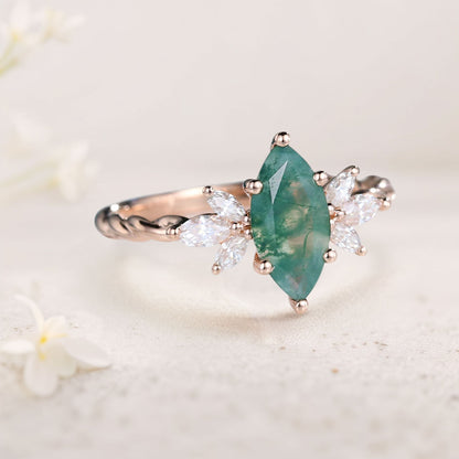 Unique Marquise Moss Agate Ring Twisted Engagement Ring