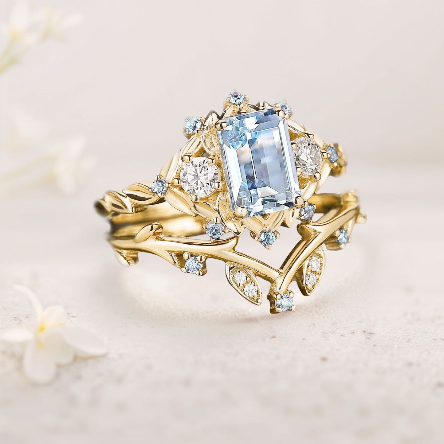Unique floral engagement rings Emerald Cut Lab Aquamarine Floral Wedding Ring Promise Bridal Set