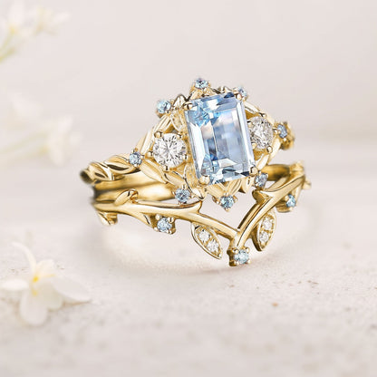 Unique floral engagement rings Emerald Cut Lab Aquamarine Floral Wedding Ring Promise Bridal Set