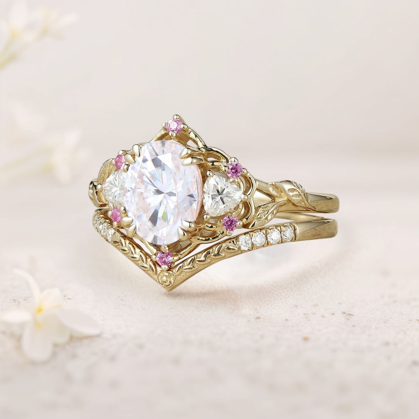 Vintage Three Stone Oval Moissanite Bridal Set