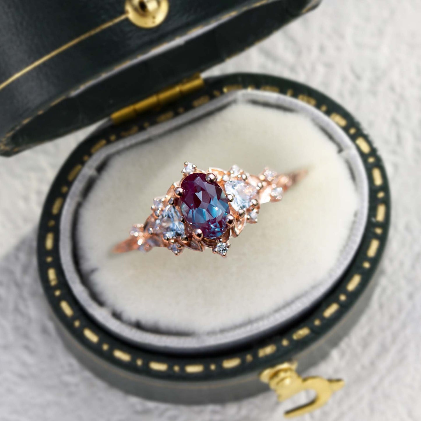 Unique Briar Rose Oval Lab Alexandrite and Moissanite Ring
