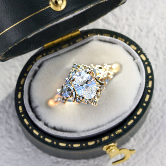 Unique Briar Moon Three Stone Oval Moissanite Ring