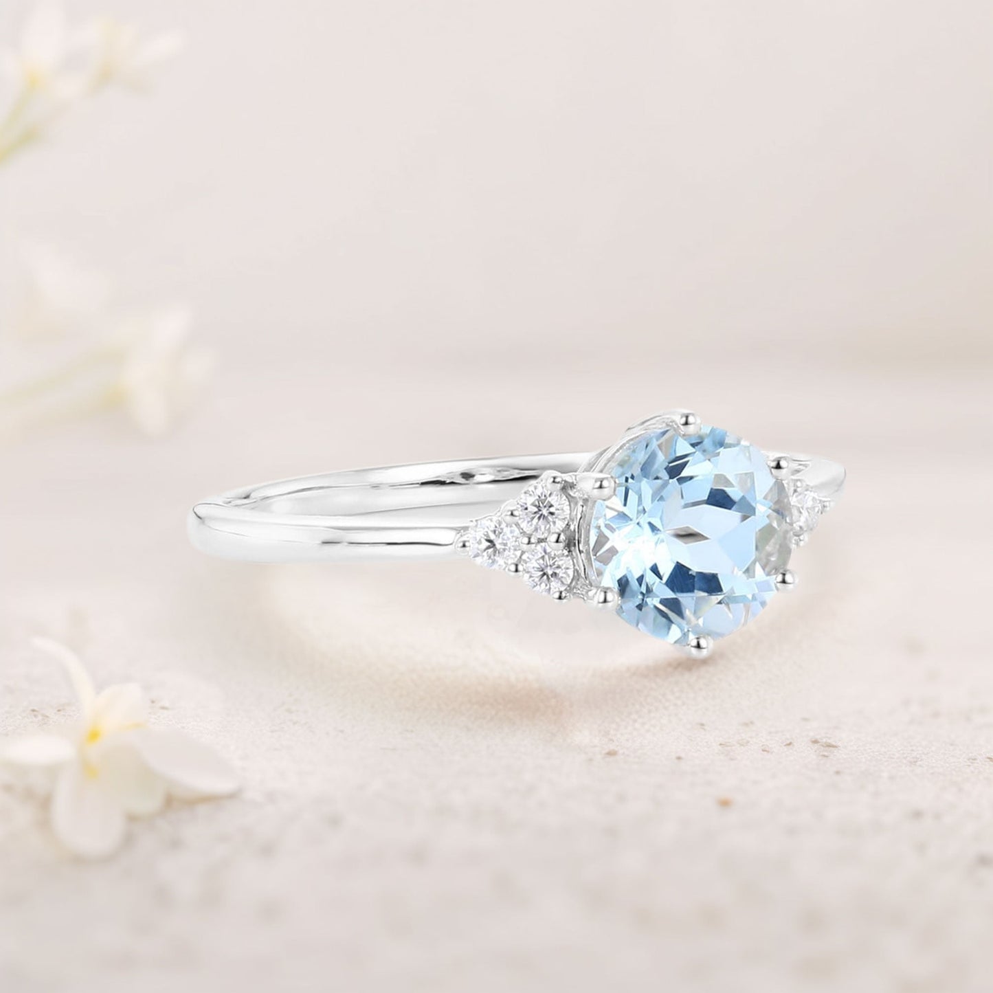 Unique Round Lab Aquamarine Engagement Rings Cluster Promise Ring