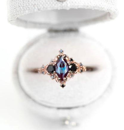 Unique Floral Rose Marquise Lab Alexandrite and Black Moissanite Ring