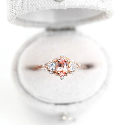 Unique Floral Rose Three Stone Oval Pink Padparadscha Ring