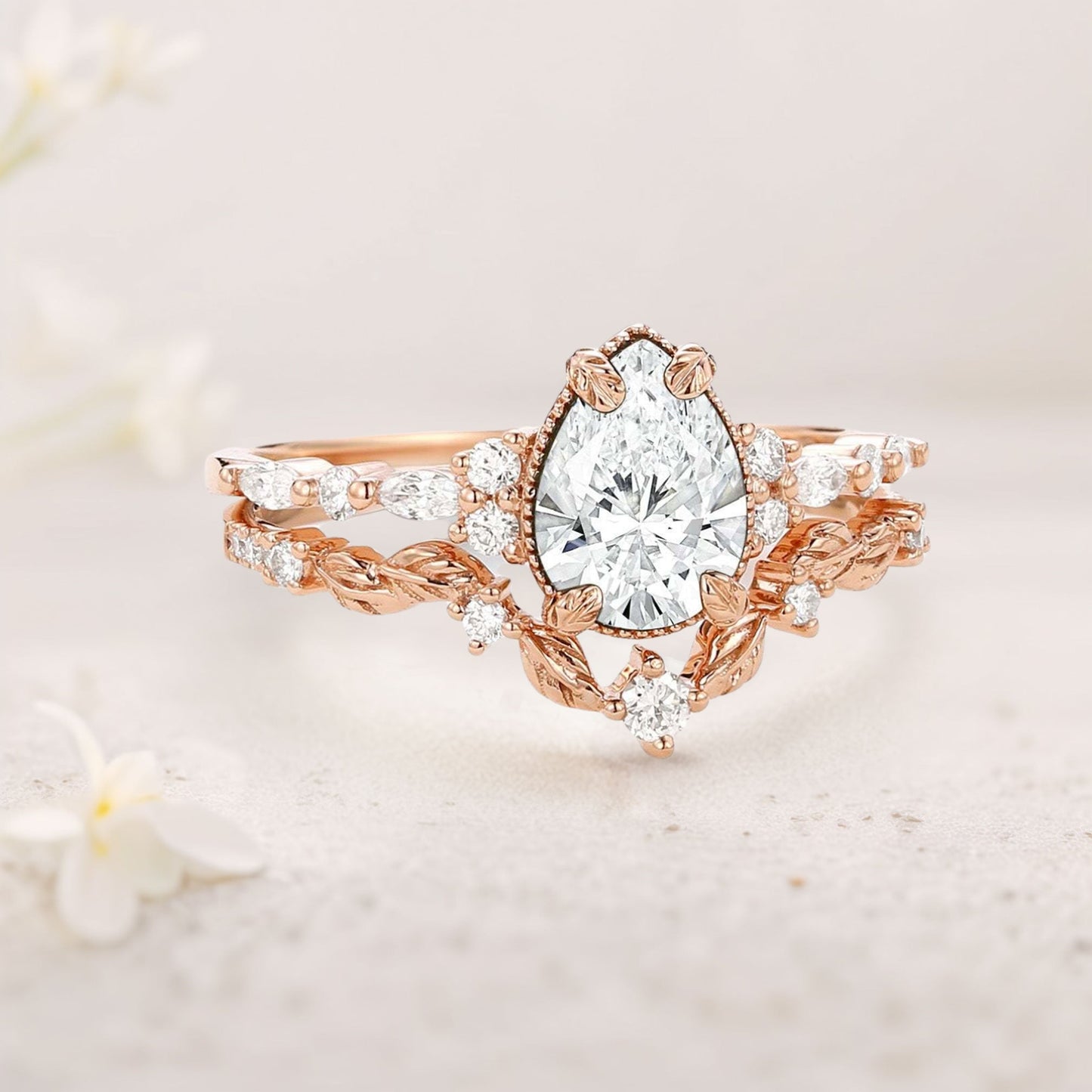 Vintage floral engagement rings Pear Moissanite Leafy Ring Set